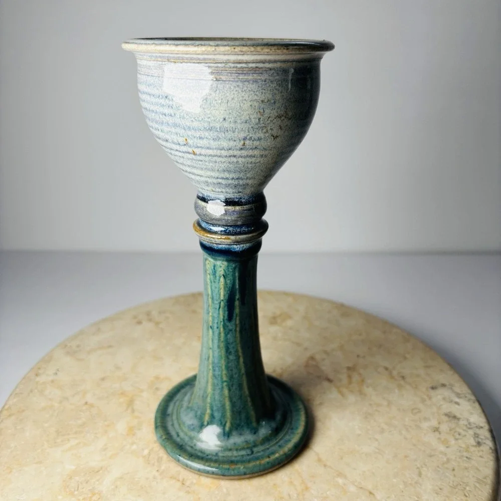 Handmade Pottery Candlestick Holder Blue Green Pillar Candles Goblet Style‎ Cup